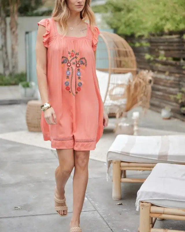 Embroidered Square Neck Mini Dress