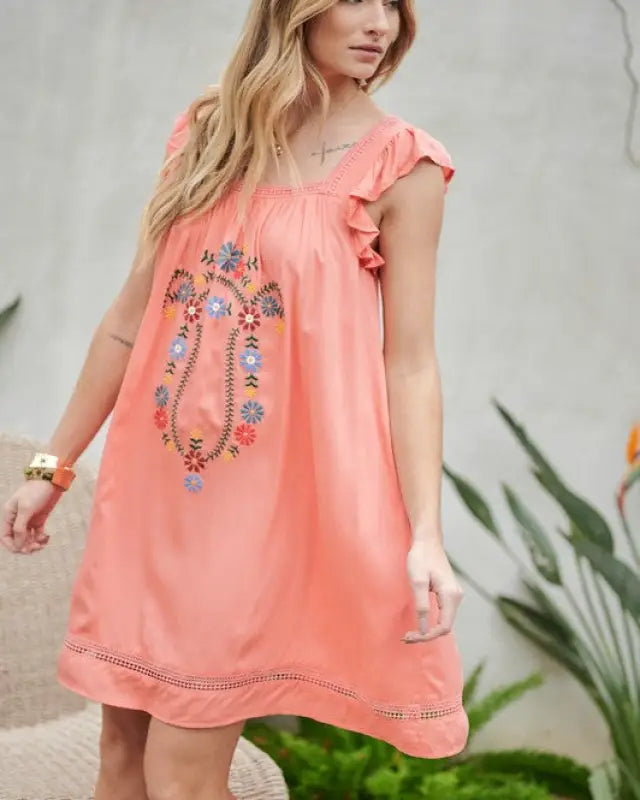 Embroidered Square Neck Mini Dress