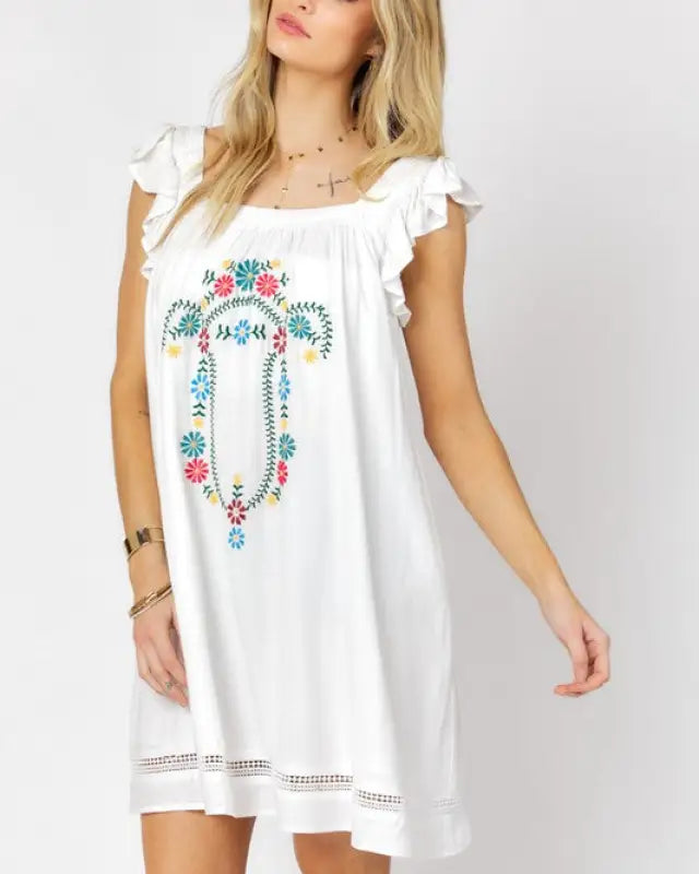 Embroidered Square Neck Mini Dress