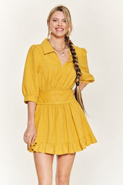 Eyelet detail 3/4 sleeve short dress JBJ1091 - Mustard / S - Dresses