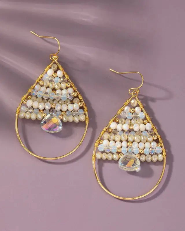 Faceted glass beaded teardrop hoop earrings - Cream / one size - Rings