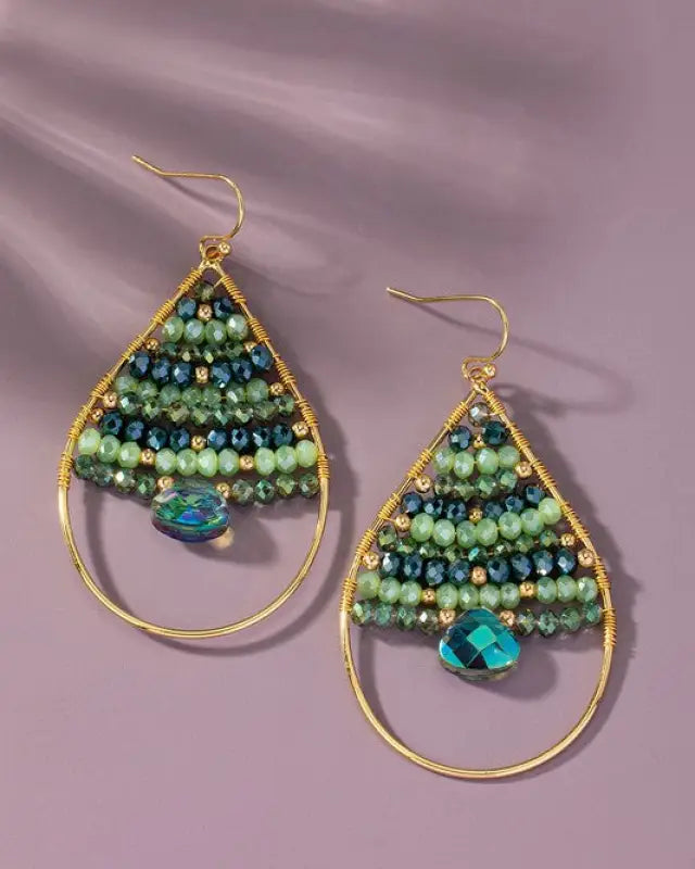 Faceted glass beaded teardrop hoop earrings - Green / one size - Rings