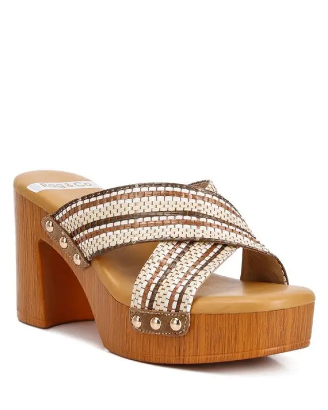 Finley Raffia High Block Heel Mules - Tan / US - 5 UK - 3 EU - 36