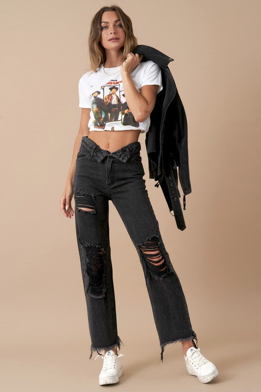 FLIPPED WAIST STRAIGHT JEANS - WASHED BLACK