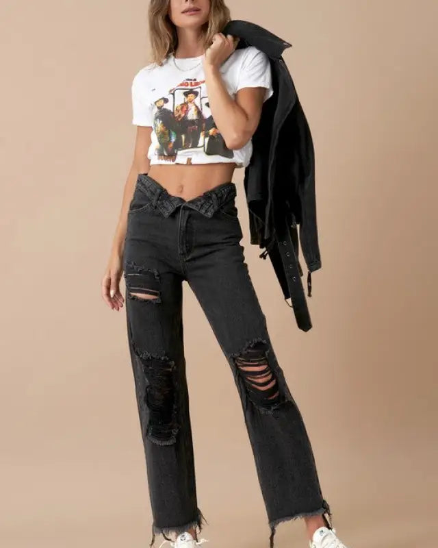 FLIPPED WAIST STRAIGHT JEANS - WASHED BLACK