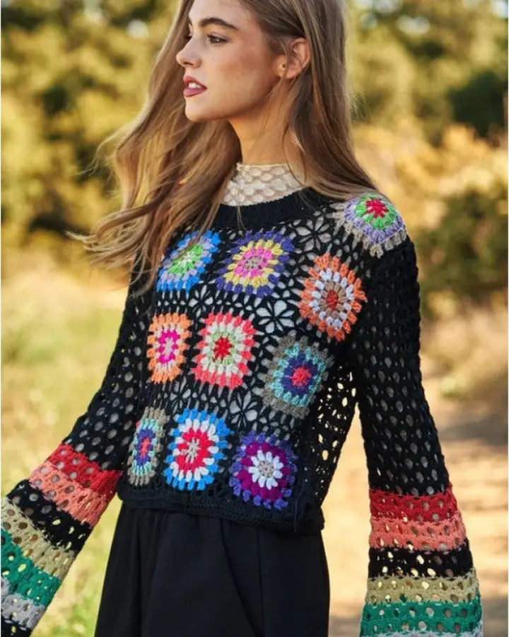 Floral Crochet Cropped Knit Sweater