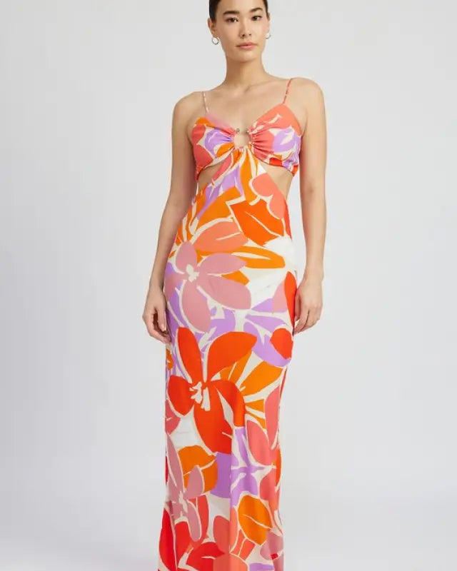 FLORAL CUT OUT MAXI DRESS WITH O RING DETAIL - ORANGE / S