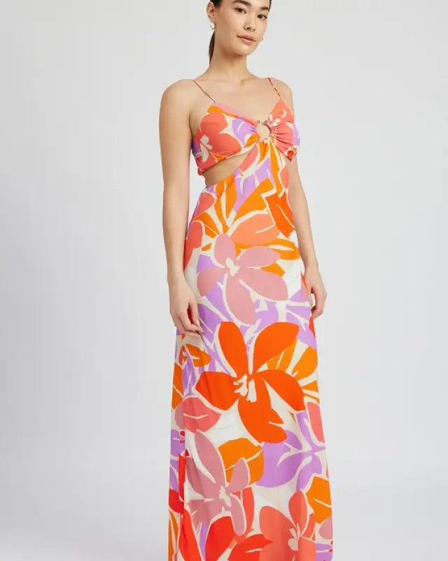 FLORAL CUT OUT MAXI DRESS WITH O RING DETAIL