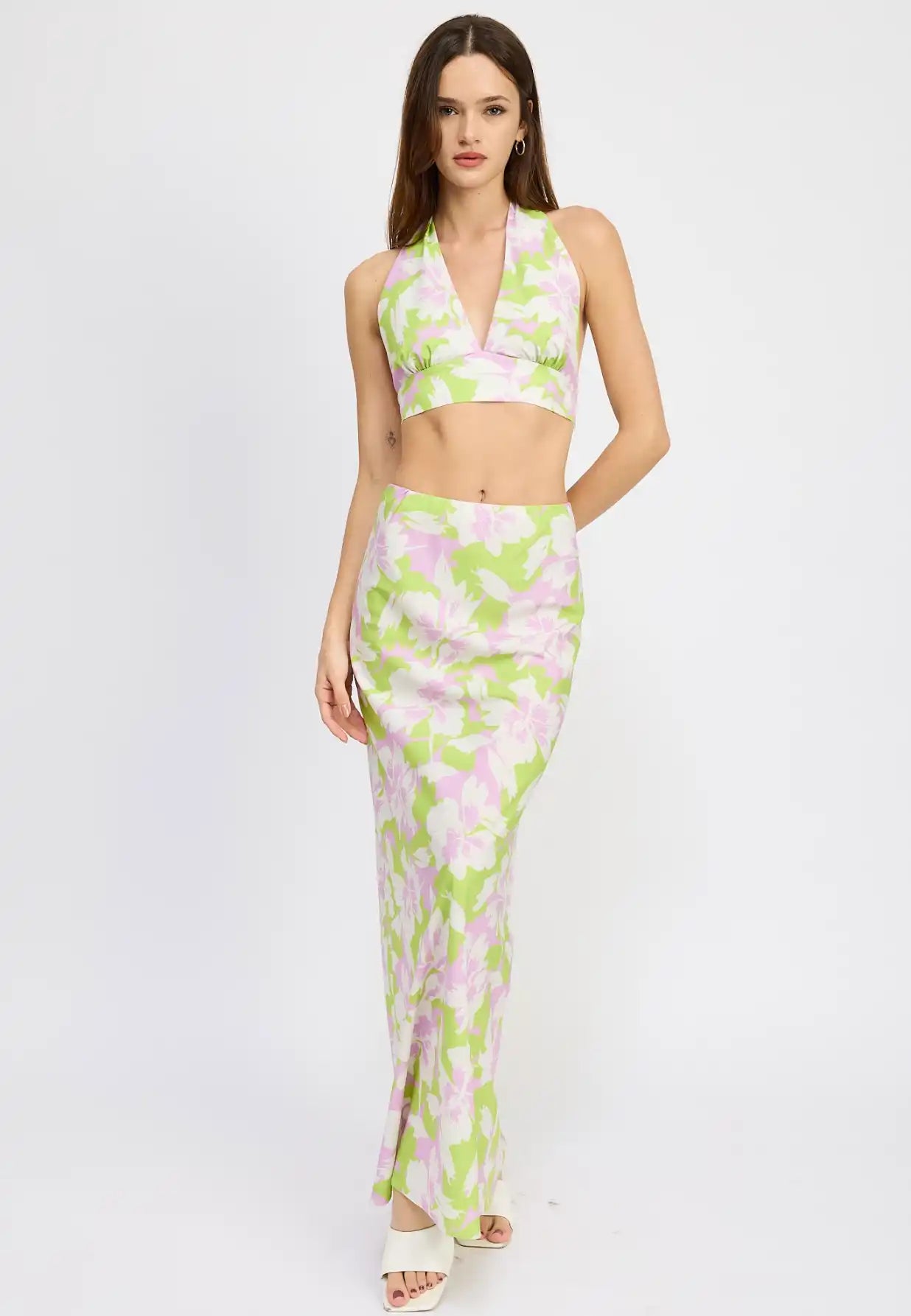 Floral halter top and maxi skirt set.