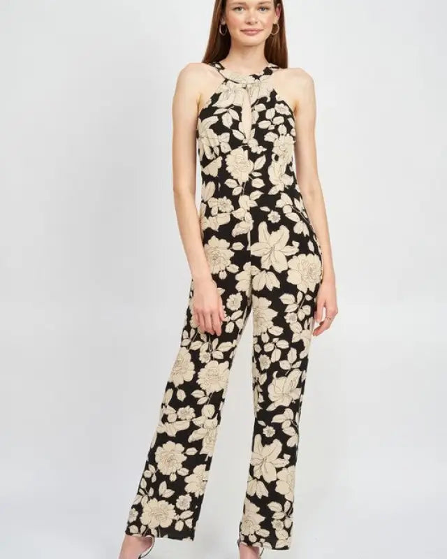 FLORAL HALTERNECK JUMPSUIT WITH OPEN BACK - Black/ White / S