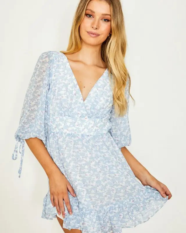 Floral Print Babydoll Mini Dress - BLUE / XS