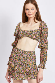 FLORAL PRINT PUFF SLEEVE CROP TOP - BLACK DUSTY / S