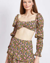 FLORAL PRINT PUFF SLEEVE CROP TOP - BLACK DUSTY / S