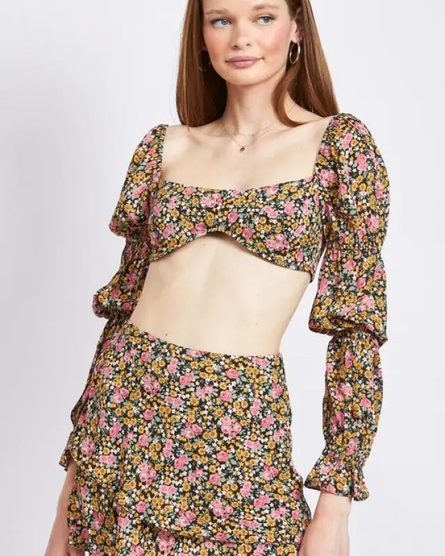 FLORAL PRINT PUFF SLEEVE CROP TOP - BLACK DUSTY / S