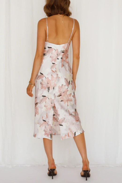 Floral Print Satin Midi Dress - Dresses