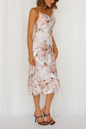 Floral Print Satin Midi Dress - Dresses