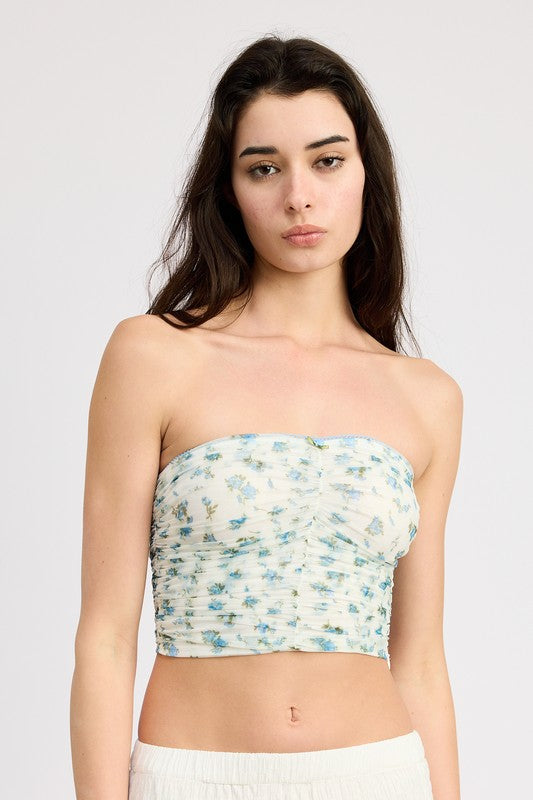 Floral Print Shirred Tube Top - BLUE WHITE / S