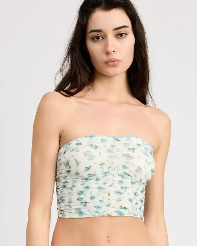 Floral Print Shirred Tube Top - BLUE WHITE / S