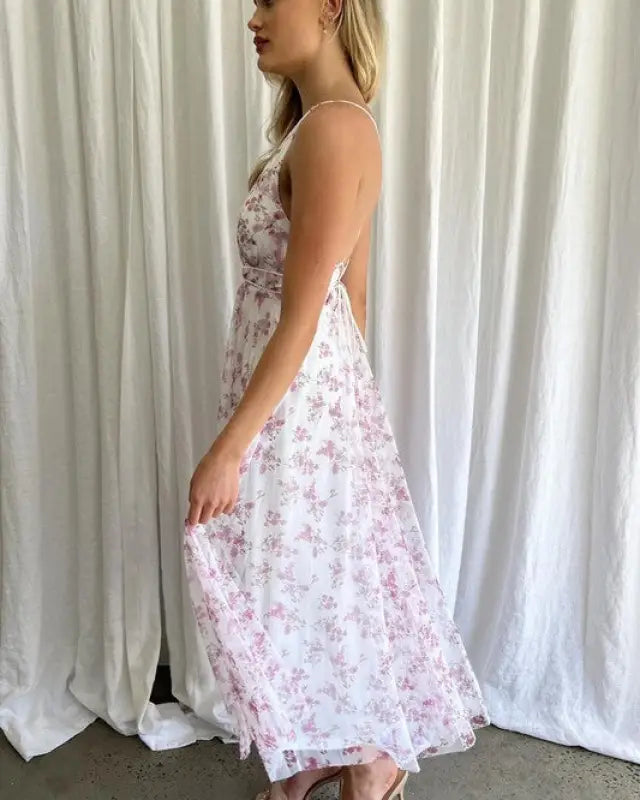 Floral Printed Plunging Neck Tulle Maxi Dress - Dresses