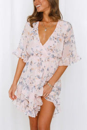 Floral Printed Ruffled Mini Dress - PINK / XS