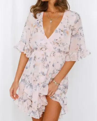 Floral Printed Ruffled Mini Dress - PINK / XS