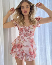 Floral Ruffle Tiered Romper - PINK / XS