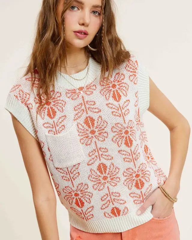 Flower Pattern Sleeveless Sweater Top