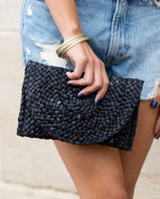 Fold Over Straw Clutch - Black / OneSize