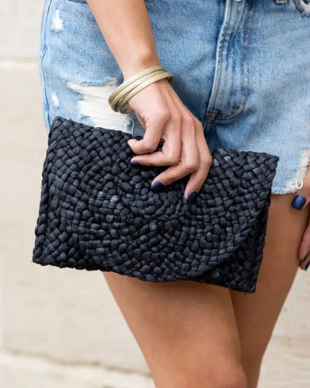 Fold Over Straw Clutch - Black / OneSize