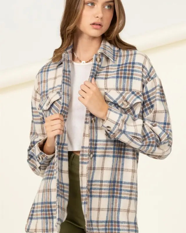 For Myself Checkered Print Button-Front Top - BLUE / S