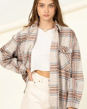 For Myself Checkered Print Button-Front Top - BROWN / S