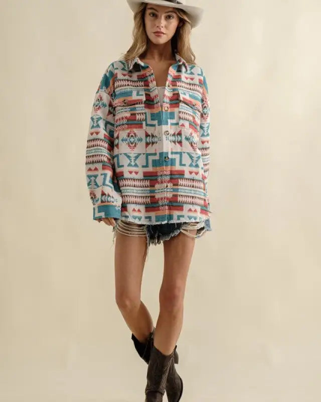 Frayed Aztec Western Shacket