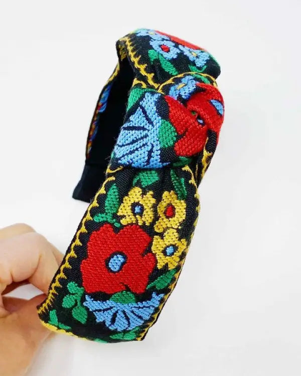 French Floral Embroidered Headband - Red / OS