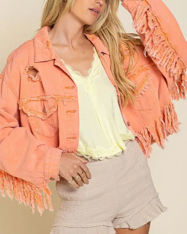 Fringe Distressed Crop Denim Jacket