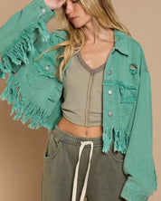 Fringe Distressed Crop Denim Jacket