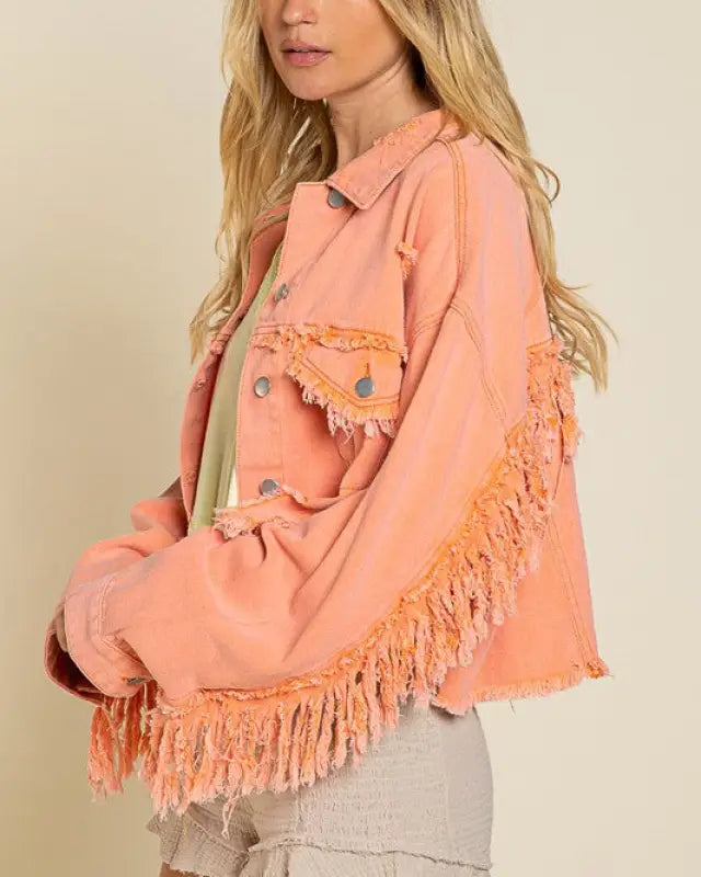 Fringe Distressed Crop Denim Jacket