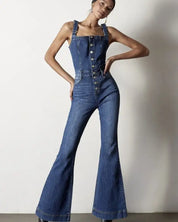 Front Buttons Flare Denim Overalls