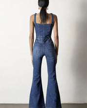 Front Buttons Flare Denim Overalls