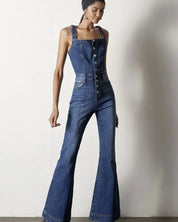 Front Buttons Flare Denim Overalls