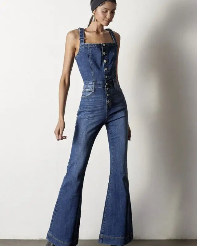 Front Buttons Flare Denim Overalls