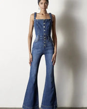 Front Buttons Flare Denim Overalls - DARK / S