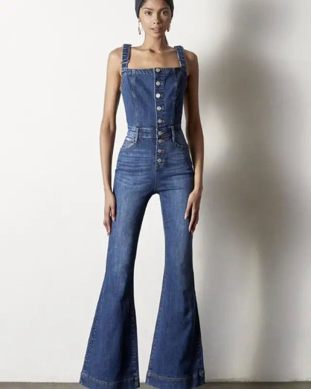 Front Buttons Flare Denim Overalls - DARK / S