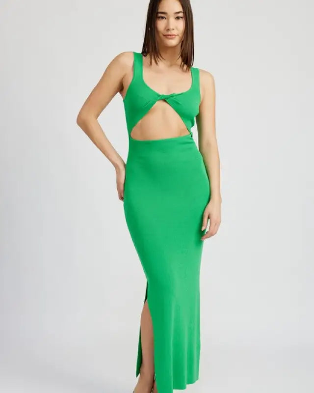 FRONT KNOT MIDI DRESS WITH CUTOUT - GREEN / S