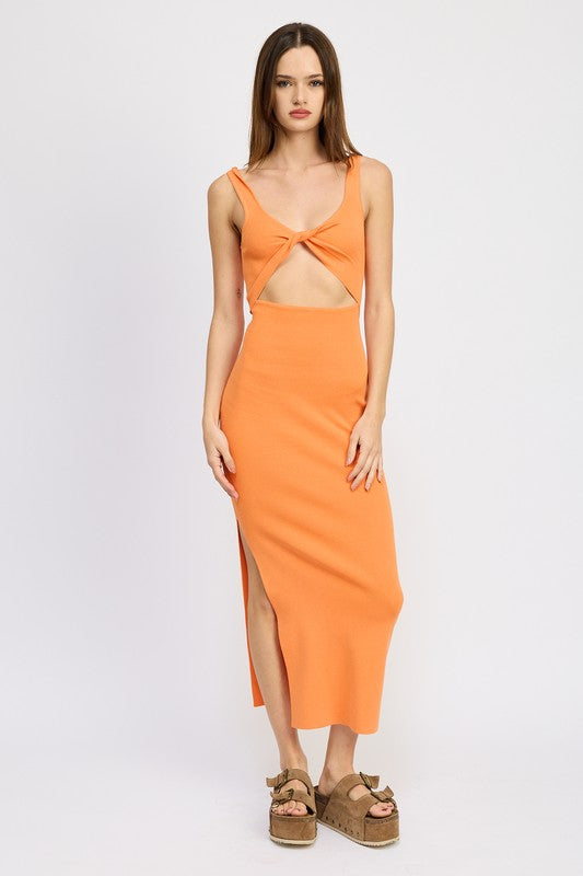 FRONT KNOT MIDI DRESS WITH CUTOUT - ORANGE / S