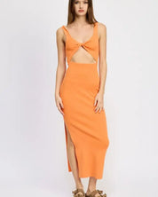 FRONT KNOT MIDI DRESS WITH CUTOUT - ORANGE / S