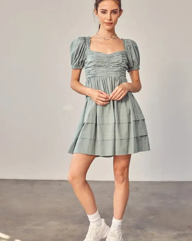 Front Ruched Detail Puff Sleeve Dress