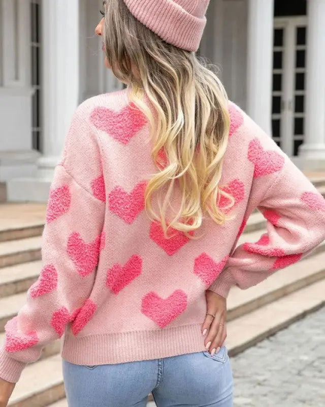 Fuzzy heart pink knit sweater Valentine