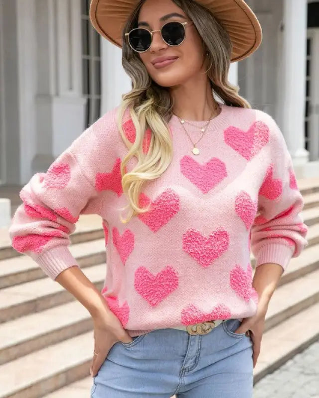 Fuzzy heart pink knit sweater Valentine