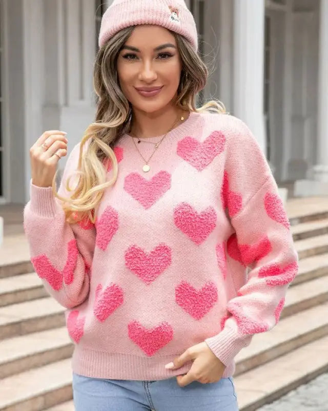 Fuzzy heart pink knit sweater Valentine