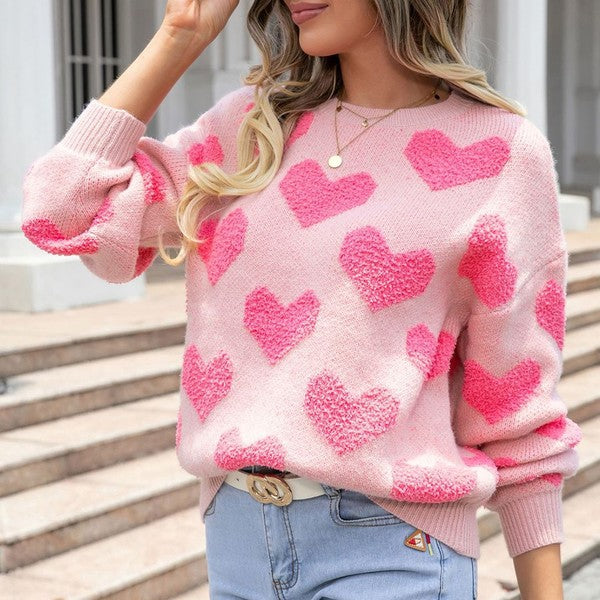 Fuzzy heart pink knit sweater Valentine - one color / S